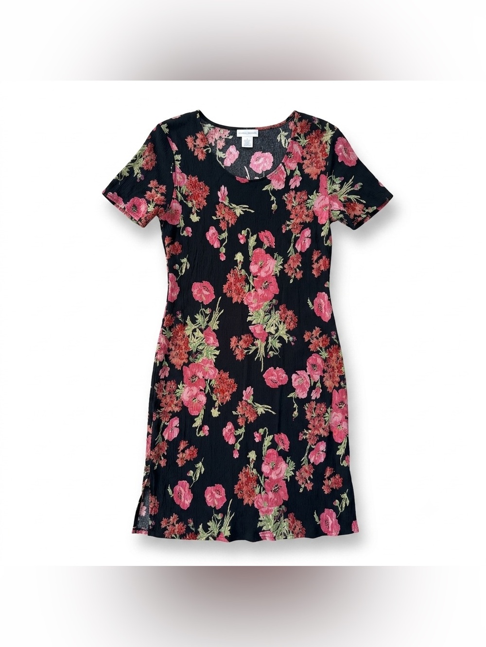 Dress Savvy Black Midi Dress with Pink Floral Print — Casual Scoop Neck